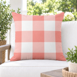 Classic Coral White Large Gingham Check Outdoor Pillow