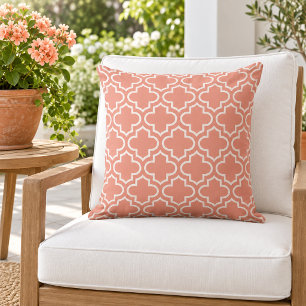 Classic Coral White Quatrefoil Trellis Outdoor Pillow