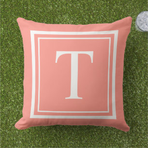 Classic Coral White Square Frame Monogram Outdoor Pillow