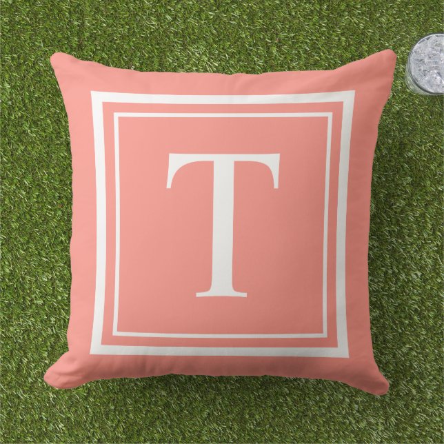 Classic Coral White Square Frame Monogram Outdoor Pillow (Grass)