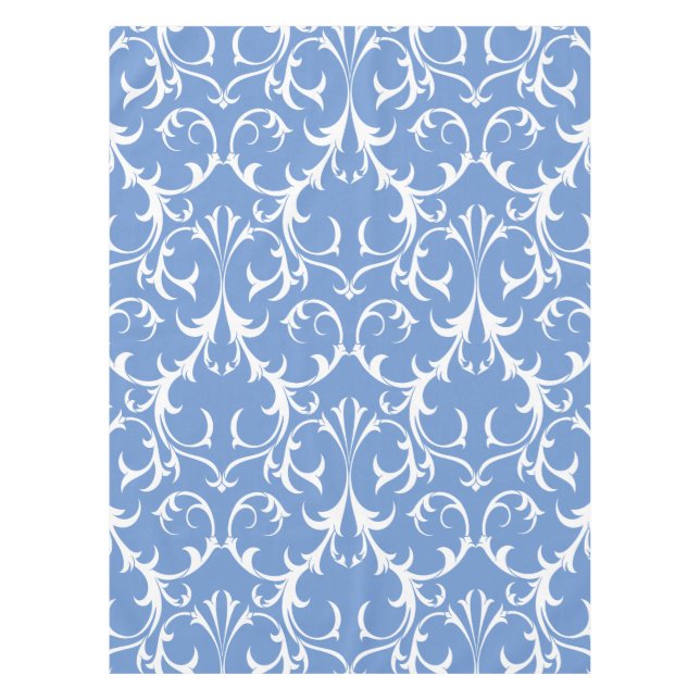 Classic Cornflower Blue & White Damask Floral  Tablecloth (Front)