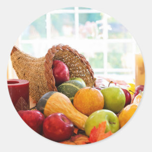 Classic Cornucopia Harvest Table Thanksgiving Round Sticker