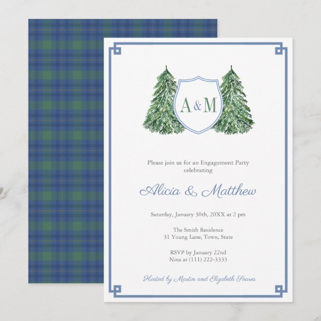 Classic Cosy Cabin Plaid Monogram Engagement Party Invitation (Front/Back)