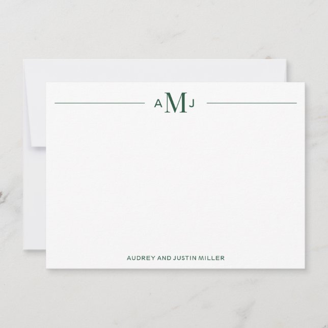 Classic Couples Monogram, Green Personalized Flat Card (Front)