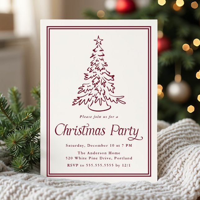 Classic Cranberry Border Christmas Tree Party Invitation (Creator Uploaded)
