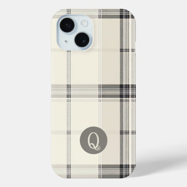 Classic Cream and Grey Plaid Monogram Phone Case (Back)