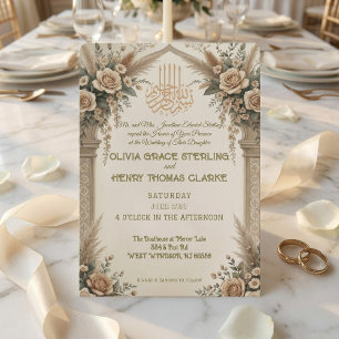 Classic Cream Antique Gold Floral Islamic Wedding  Invitation
