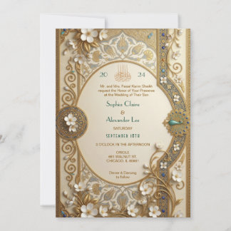 Classic Cream Antique Gold Floral Islamic Wedding Invitation