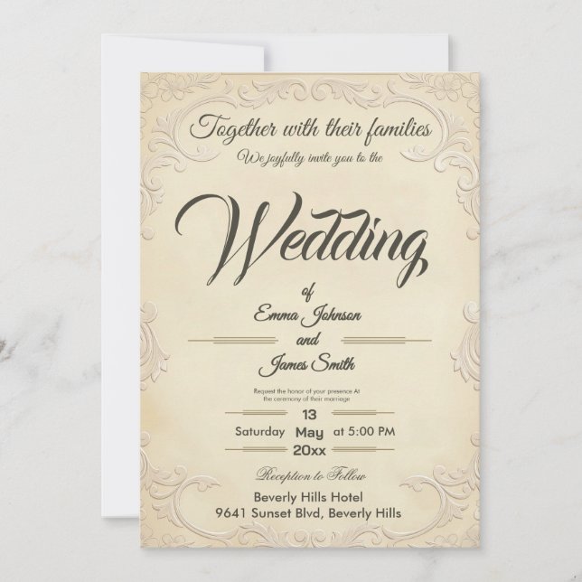 Classic Cream Embossed Floral Wedding Invitation (Front)