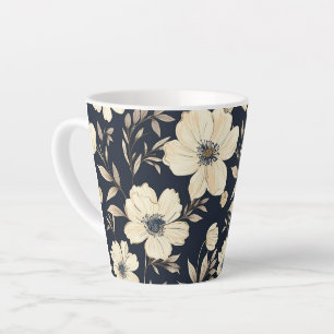 Classic Cream Flowers On Dark Navy Blue Background Latte Mug