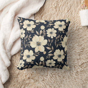 Classic Cream Flowers On Dark Navy Blue Background Throw Pillow