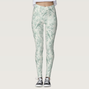 Classic Cream Mint Bird Garden Toile Pattern Leggings