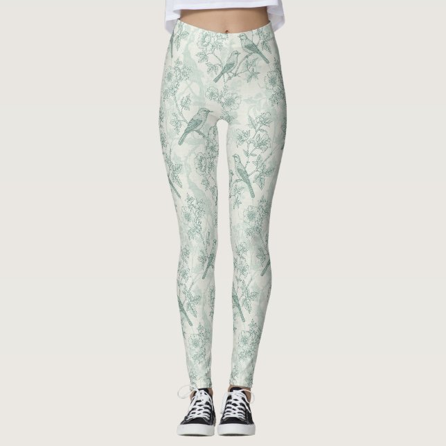 Classic Cream Mint Bird Garden Toile Pattern Leggings (Front)