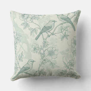 Classic Cream Mint Bird Garden Toile Pattern Throw Pillow