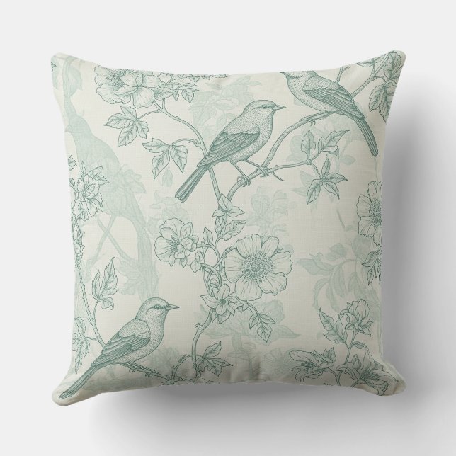 Classic Cream Mint Bird Garden Toile Pattern Throw Pillow (Back)
