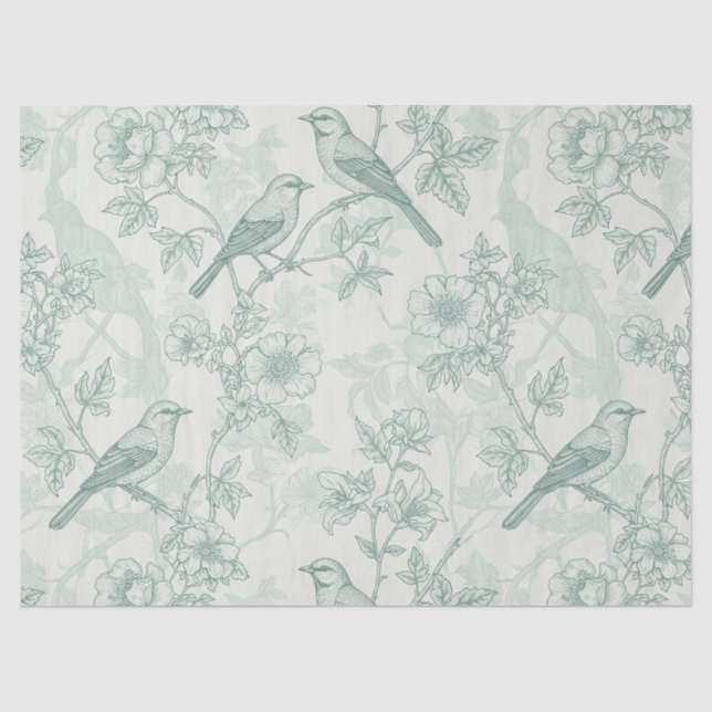 Classic Cream Mint Bird Garden Toile Pattern Tissue Paper (Front)