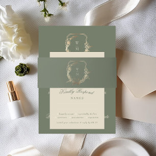 Classic Cream & Sage Monogram Gold Crest Wedding I Invitation Belly Band