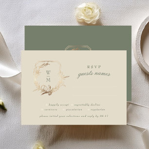 Classic Cream & Sage Monogram Gold Crest Wedding RSVP Card