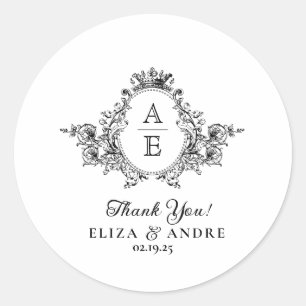 Classic Crest Monogram Black and White Wedding Round Sticker