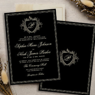 Classic crest monogram black ivory wedding invitation