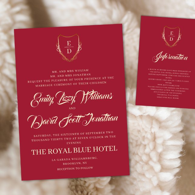 Classic Crimson Red Gold Monogrammed Elegant  Invitation (Creator Uploaded)