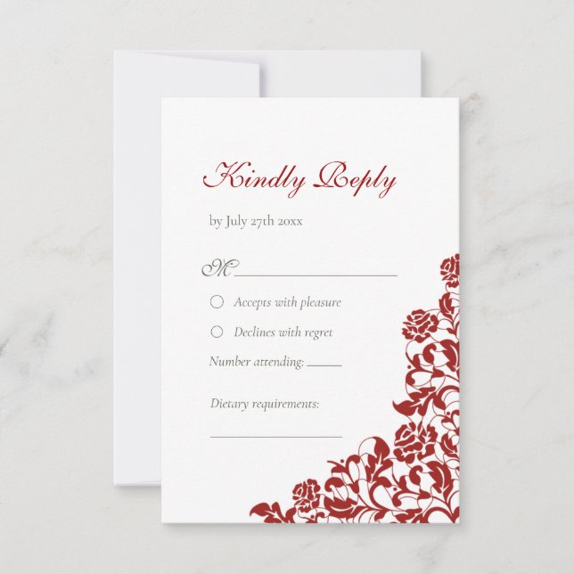 Classic Crimson Red Rose Lace Floral Wedding RSVP Card (Front)