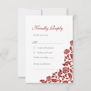 Classic Crimson Red Rose Lace Floral Wedding RSVP Card