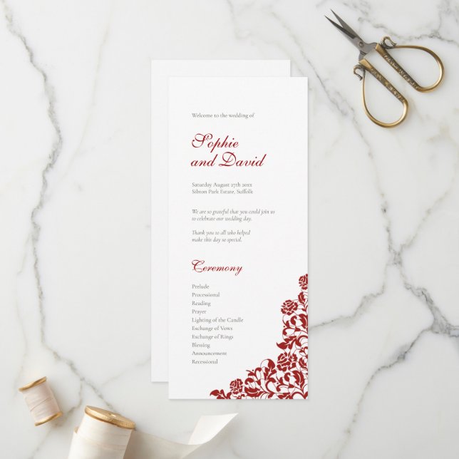Classic Crimson Red Rose Lace Wedding Program (Front/Back In Situ)