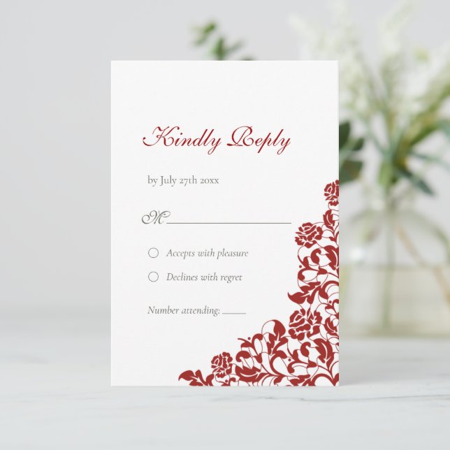 Classic Crimson Red Rose Rose Lace Wedding RSVP Card (Standing Front)
