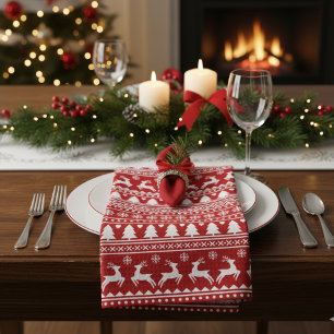 Classic Cristmas Reindeer Snowflakes Red and White Kitchen Towel