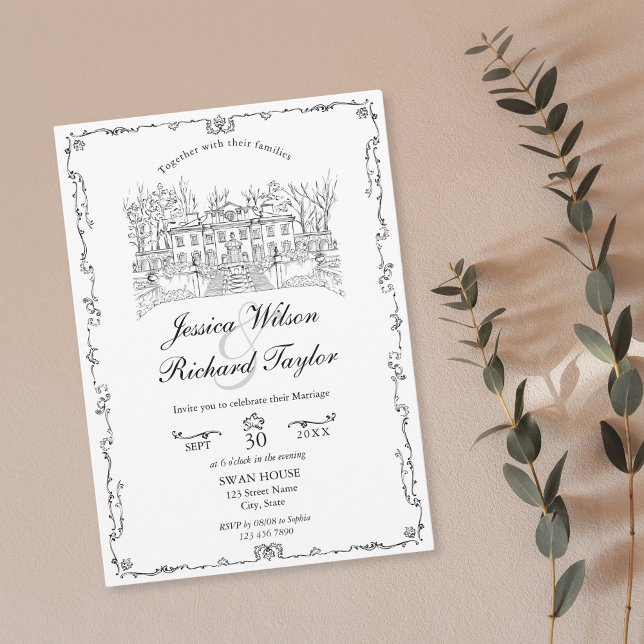 Classic Custom Hand Drawn Venue Manor Illustration Invitation (custom hand drawn classic wedding venue illustration invitation with border)