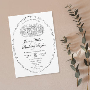 Classic Custom Hand Drawn Venue Manor Illustration Invitation
