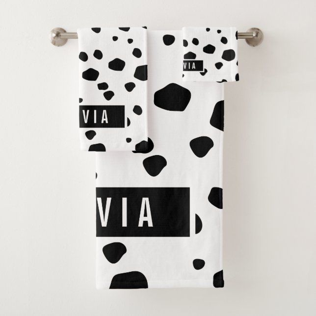 Classic Custom Name Dalmatian Animal Print Pattern Bath Towel Set (Insitu)