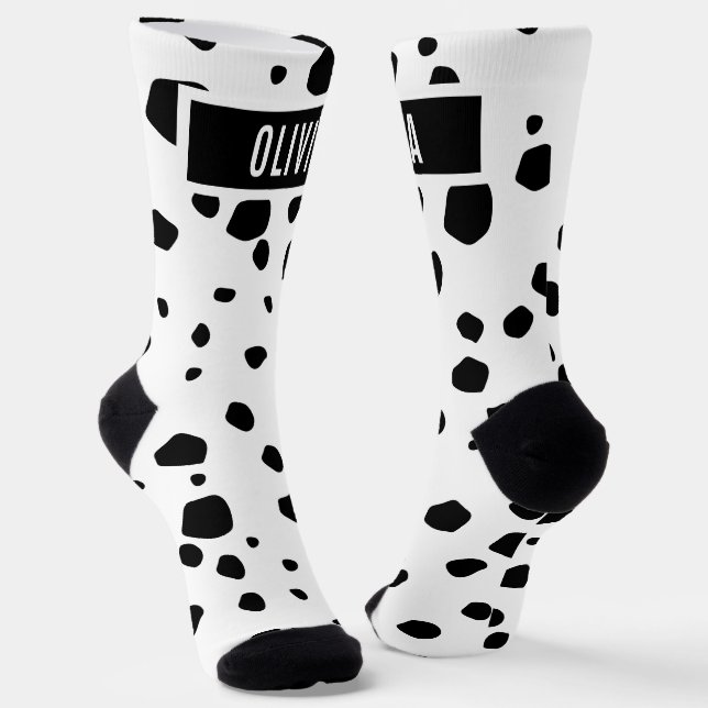 Classic Custom Name Dalmatian Animal Print Pattern Socks (Angled)