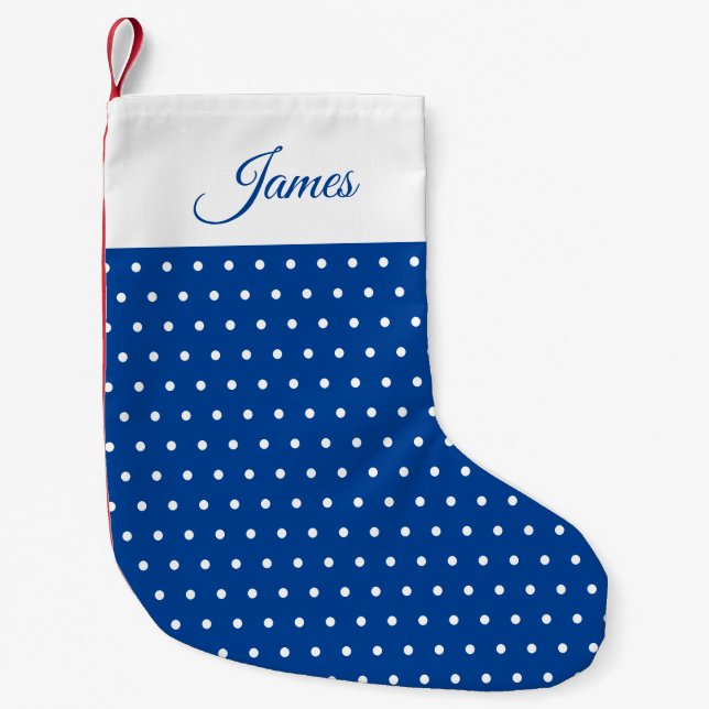 Classic Custom Name Navy Blue and White Polka Dot Small Christmas Stocking (Front)
