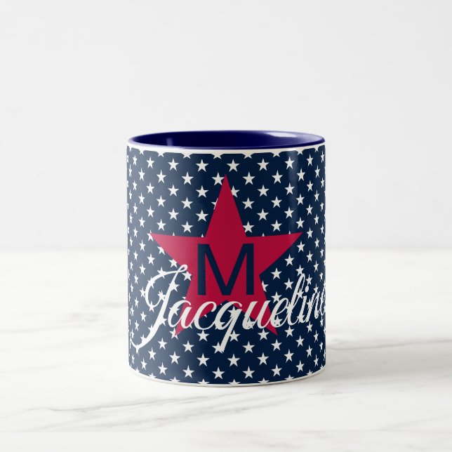 Classic Custom Name White Stars on Navy Two-Tone Coffee Mug (Center)