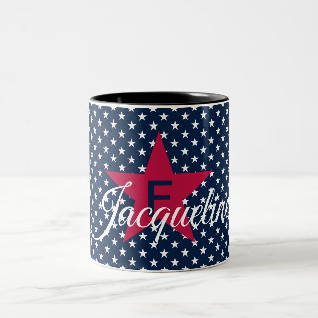 Classic Custom Name White Stars on Navy Two-Tone Coffee Mug (Center)