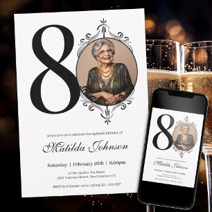 Classic Custom Photo Black and White 80th Birthday Invitation