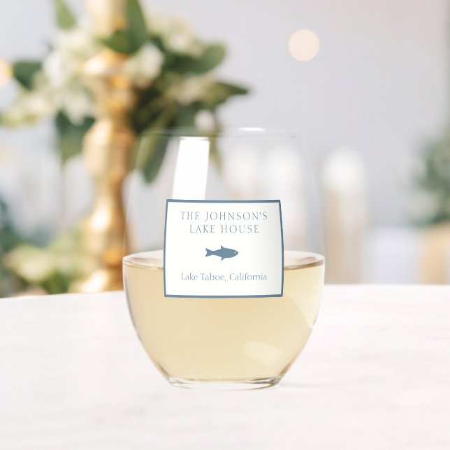 Classic Customizable Family Lake House Blue Fish Stemless Wine Glass (Insitu (Wedding))