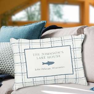 Classic Customizable Plaid Lake House Blue Fish Accent Pillow
