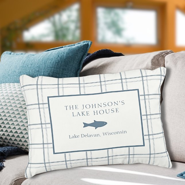 Classic Customizable Plaid Lake House Blue Fish Accent Pillow (Personalized Lake House Pillow with Fish – cozy, rustic house warming gift for lake life lovers!)