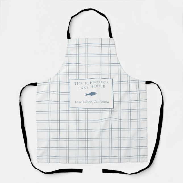 Classic Customizable Plaid Lake House Blue Fish Apron (Front)