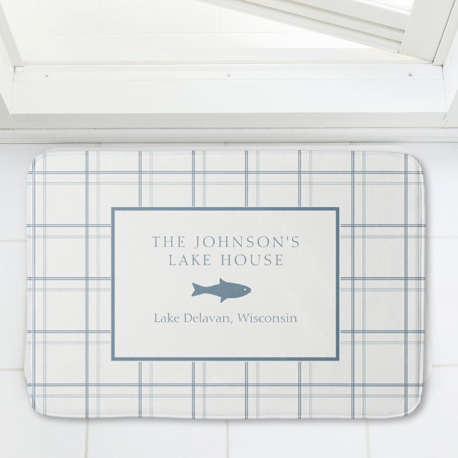 Classic Customizable Plaid Lake House Blue Fish Bath Mat (Creator Uploaded)