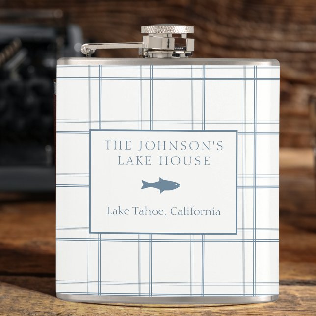 Classic Customizable Plaid Lake House Blue Fish Hip Flask (Creator Uploaded)