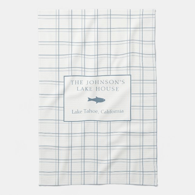 Classic Customizable Plaid Lake House Blue Fish Kitchen Towel (Vertical)