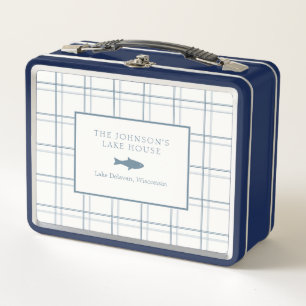 Classic Customizable Plaid Lake House Blue Fish Metal Lunch Box