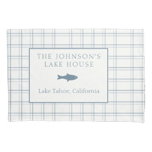 Classic Customizable Plaid Lake House Blue Fish Pillowcase