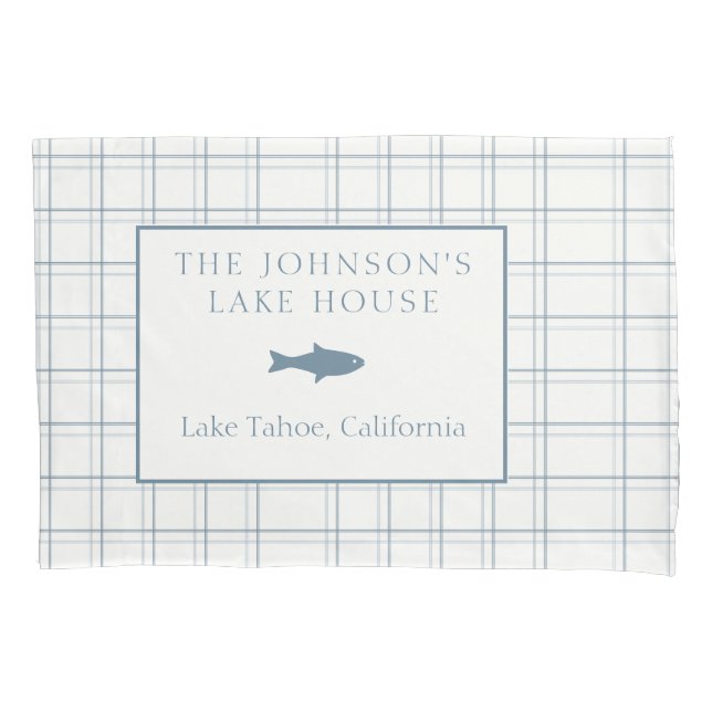 Classic Customizable Plaid Lake House Blue Fish Pillowcase (Front)