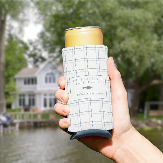 Classic Customizable Plaid Lake House Blue Fish Seltzer Can Cooler (Creator Uploaded)