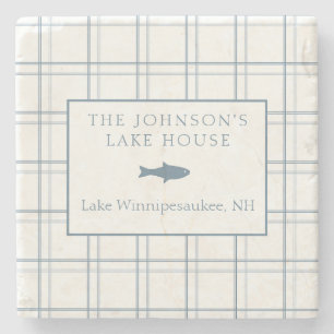 Classic Customizable Plaid Lake House Blue Fish Stone Coaster